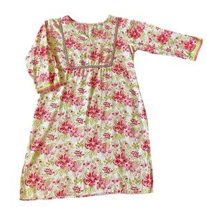 Anouk airy cotton floral long sleeve kurta tunic dress in pink green and white
